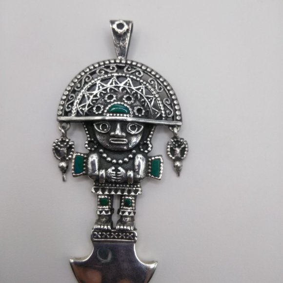 Peruvian necklace in 950 sterling silver with turquoise natural stone tumi desig - Picture 8 of 10